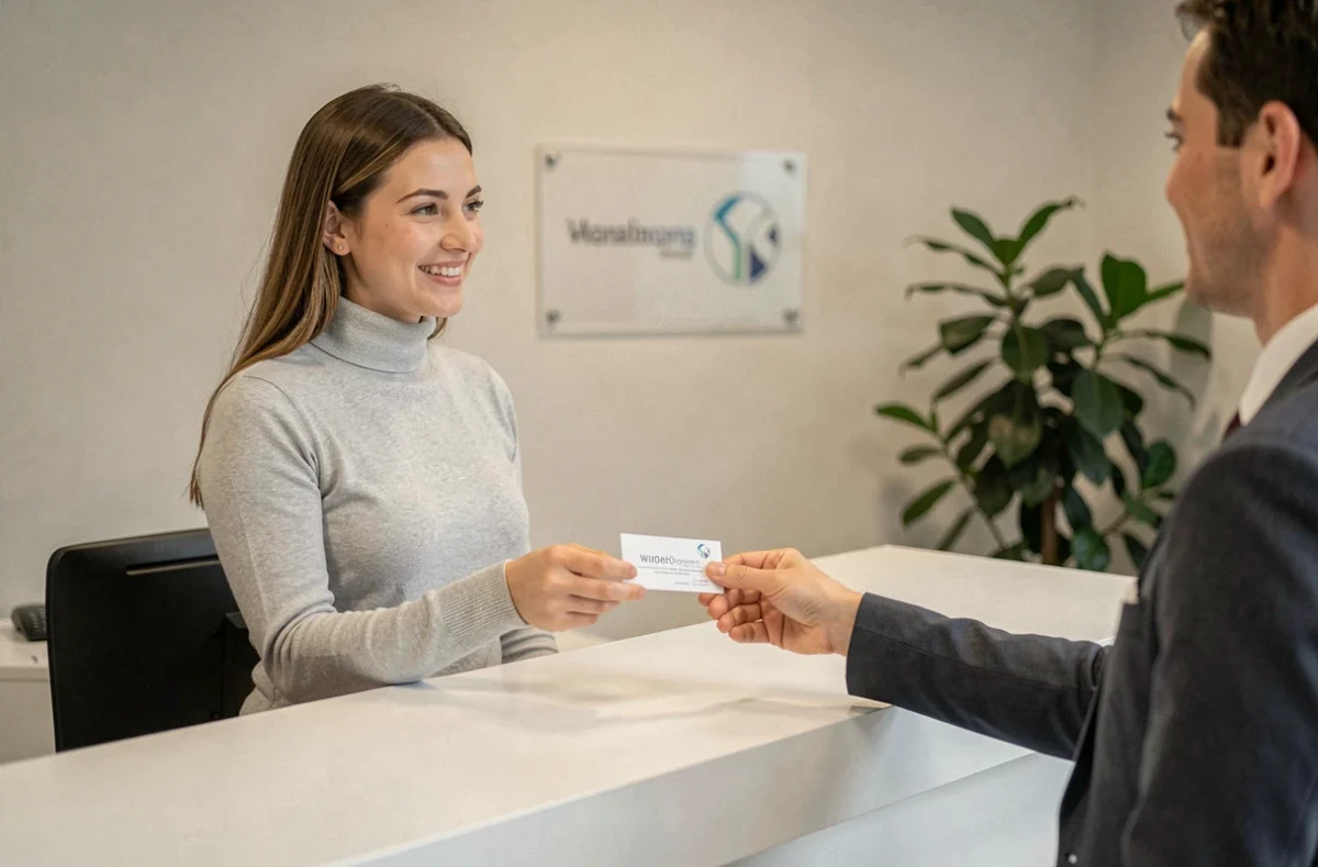 Femme remettant une carte de visite à un accueil professionnel pour prendre contact avec un centre spécialisé