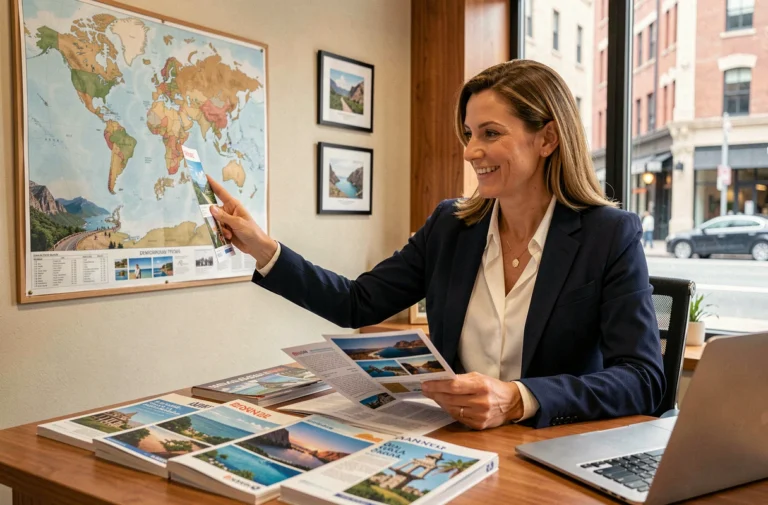 Agent de voyage professionnelle en agence consultant des brochures de voyage et une carte du monde