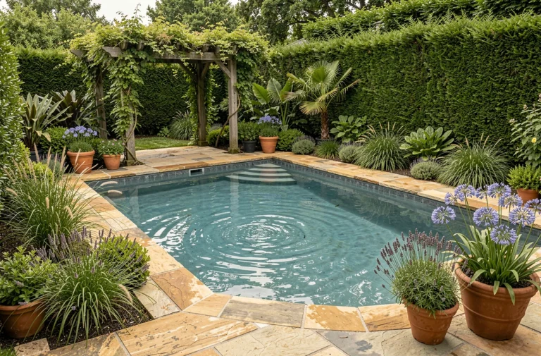Aménagement paysager autour d'une piscine avec pierres naturelles, plantes tropicales et pergola en bois dans un jardin luxuriant