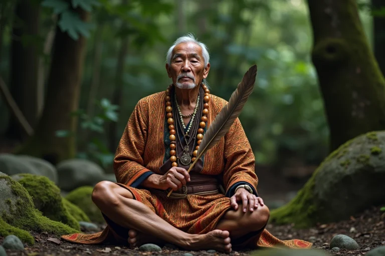 Homme indigene en méditation dans la forêt