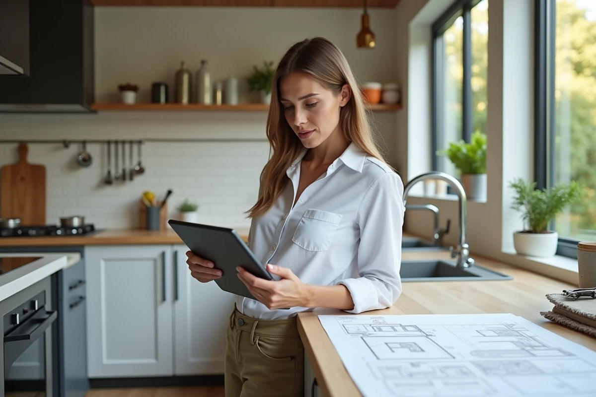 Architecte femme examine plans dans cuisine moderne