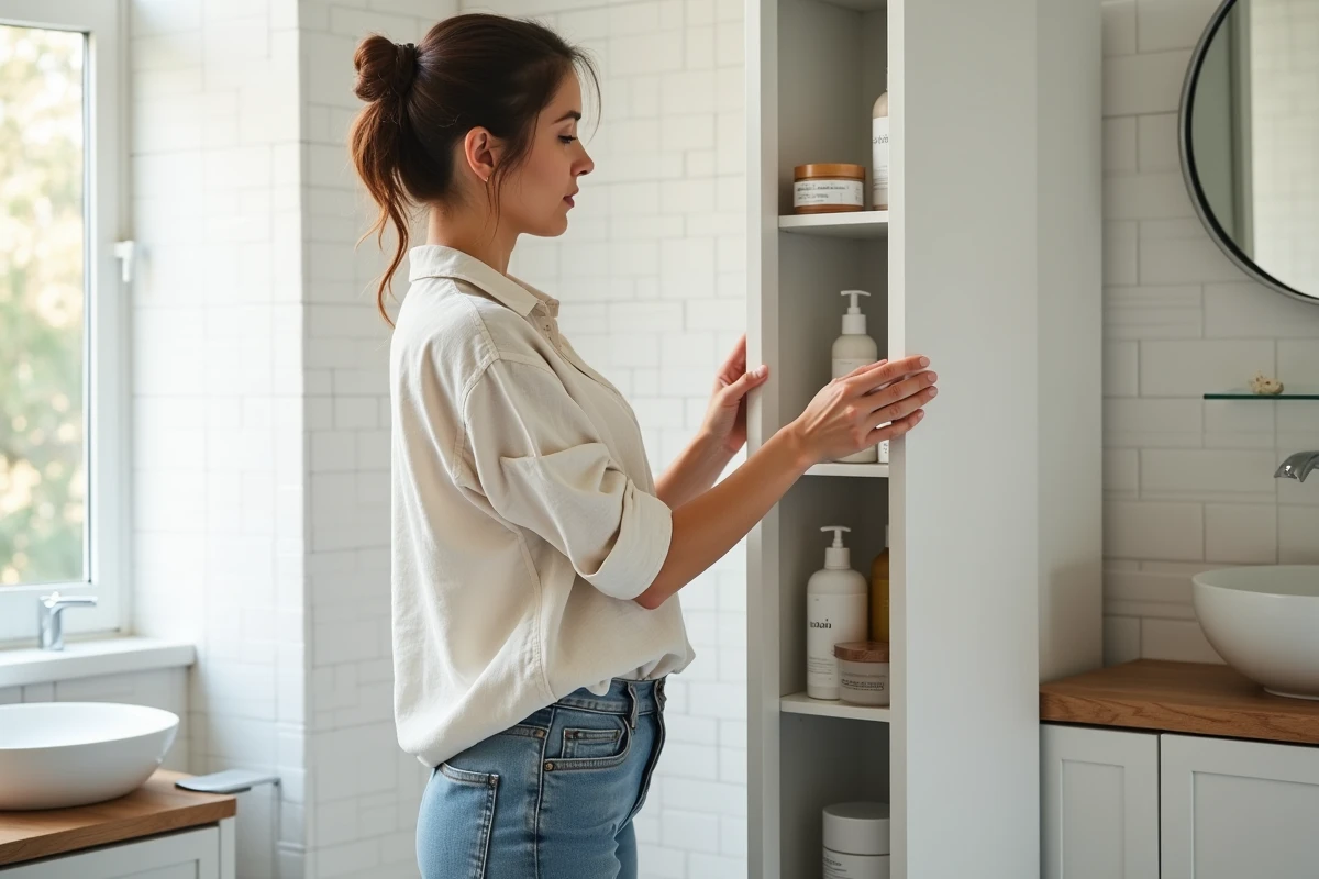 Femme rangeant des produits de soin dans une armoire en plastique blanche dans une salle de bain moderne