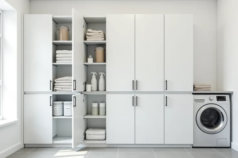 Armoires en plastique blanc dans une buanderie moderne bien organisée avec étagères et accessoires rangés