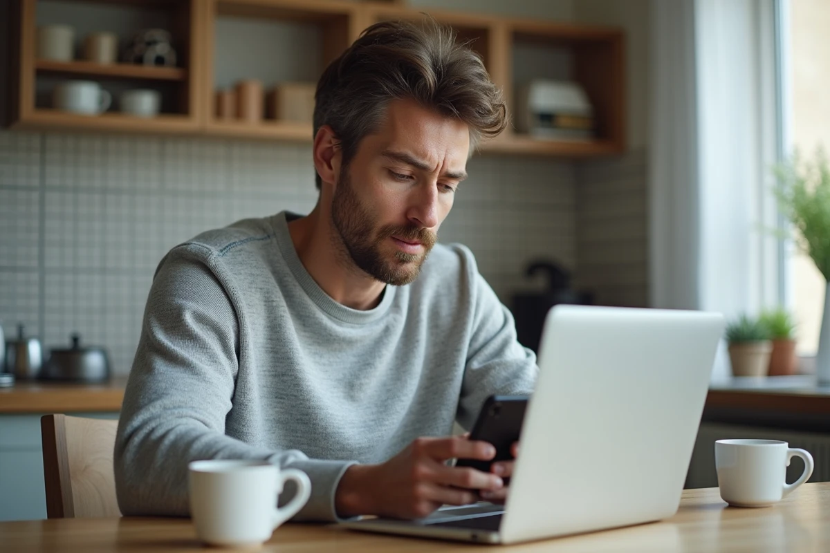 Homme comparant des applications bancaires en ligne sur ordinateur portable et smartphone à domicile