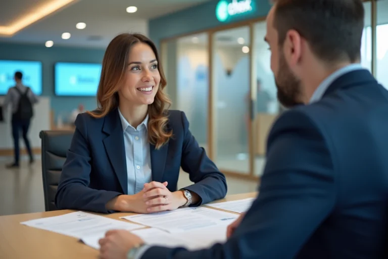 Femme consultant un conseiller bancaire dans une agence moderne en France pour comparer les offres bancaires