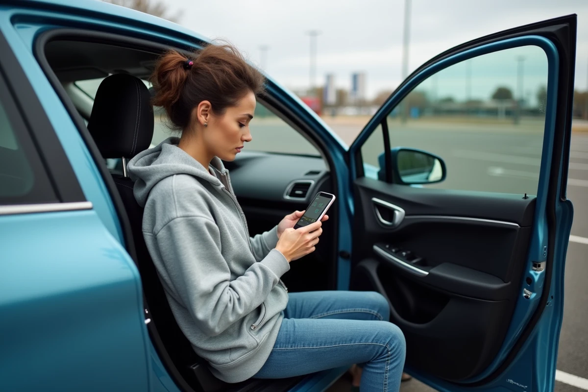 Femme consultant une application de diagnostic automobile sur smartphone dans une Renault Captur pour comprendre un code erreur DTC