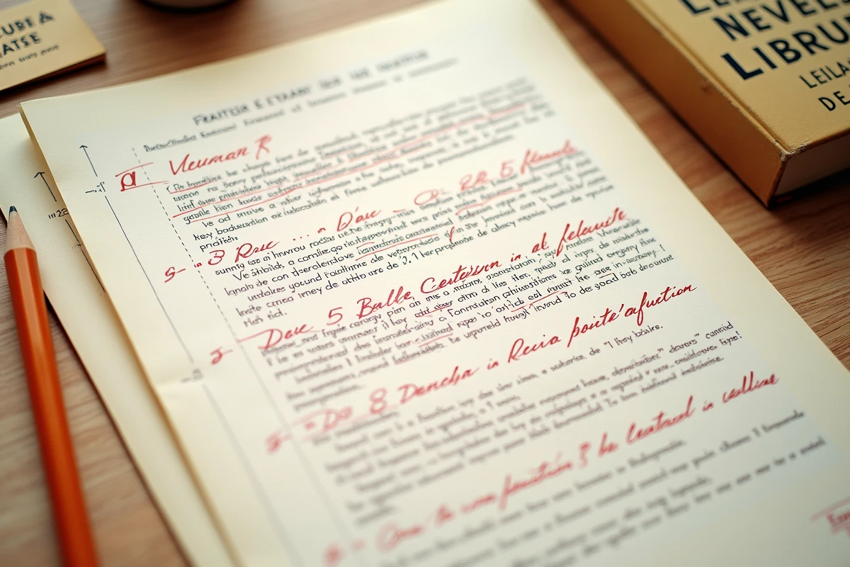 Copie corrigée d'un commentaire composé de lycée avec annotations en rouge sur texte littéraire, vue de dessus