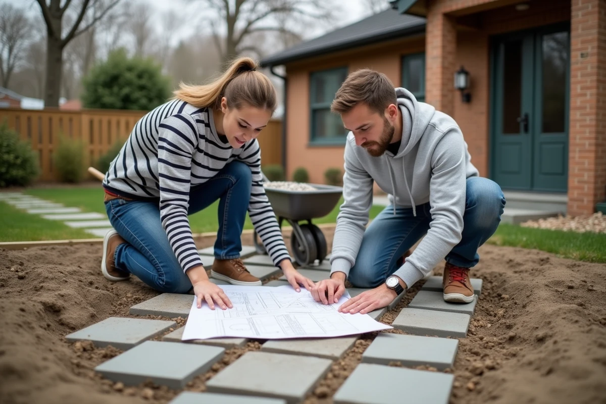 Couple aménageant une allée en dalles dans un jardin résidentiel au début du printemps