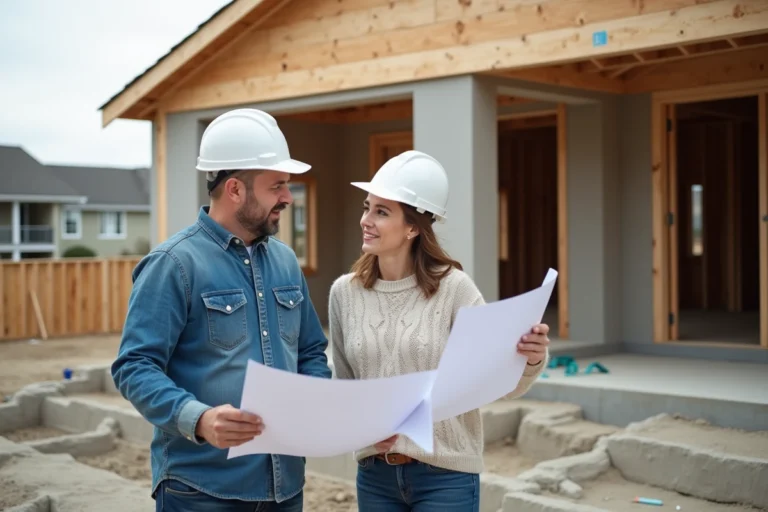 Couple de milieu d'âge consultent des plans de maison neuve