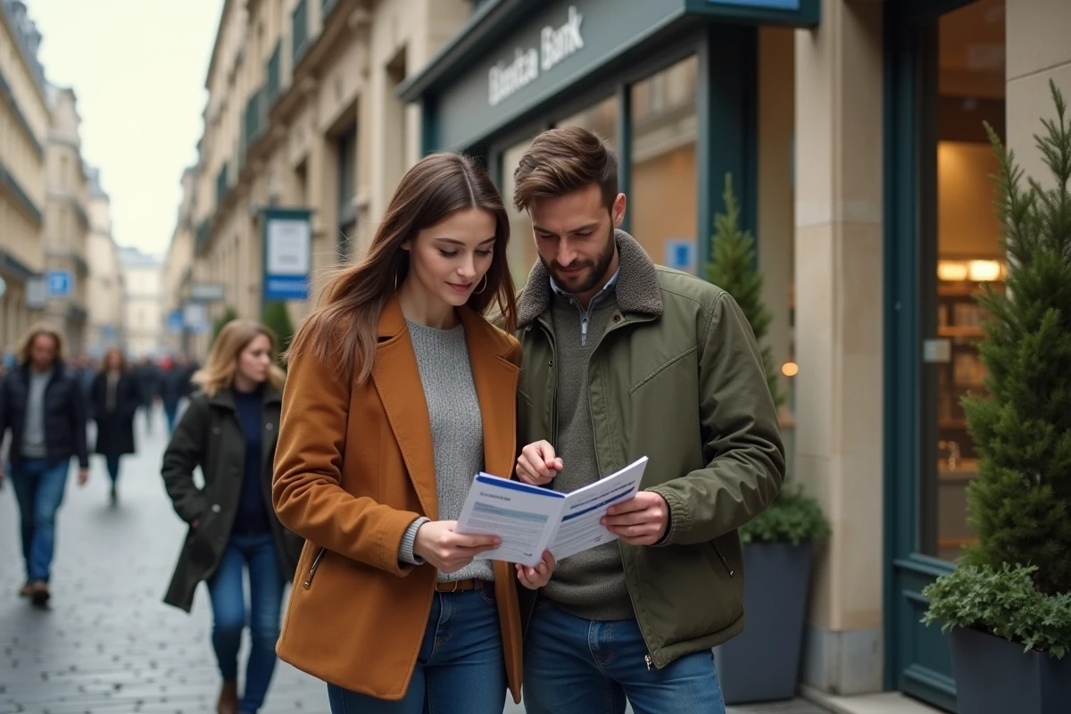 Jeune couple devant une agence bancaire française consultant une brochure pour comparer les offres
