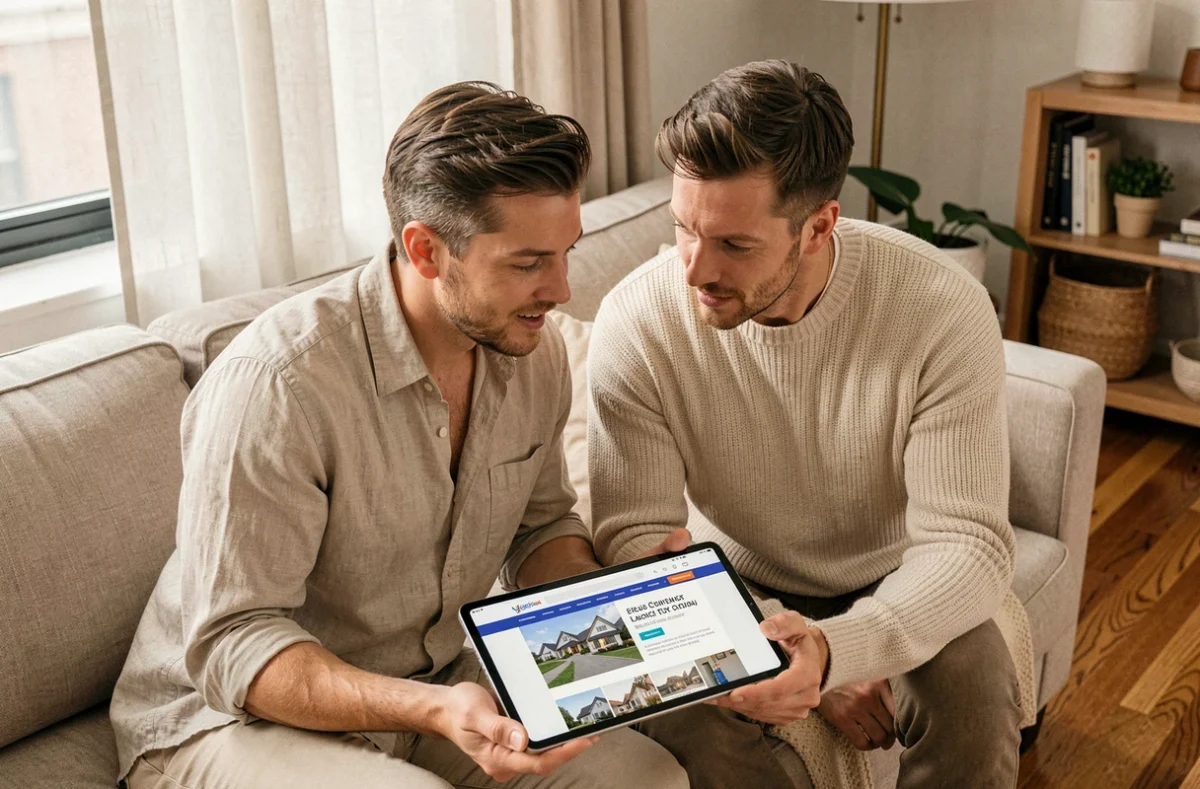 Couple cherchant une agence immobilière fiable en ligne ensemble sur une tablette dans leur salon