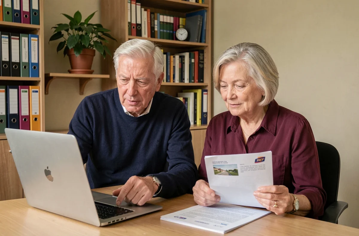 Couple de retraités SNCF consultant les services d'urgence en ligne sur un ordinateur portable
