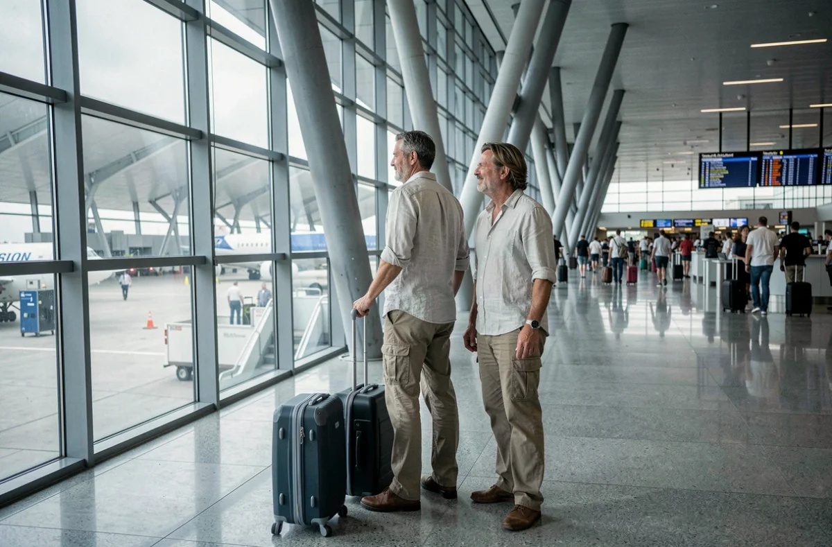 Couple de voyageurs à l'aéroport international consultant les tableaux de départ avec leurs bagages