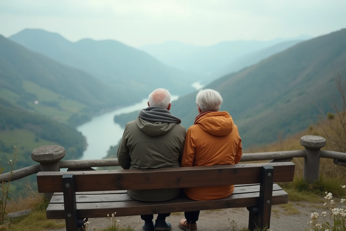 Couple âgé admirant le paysage de montagne