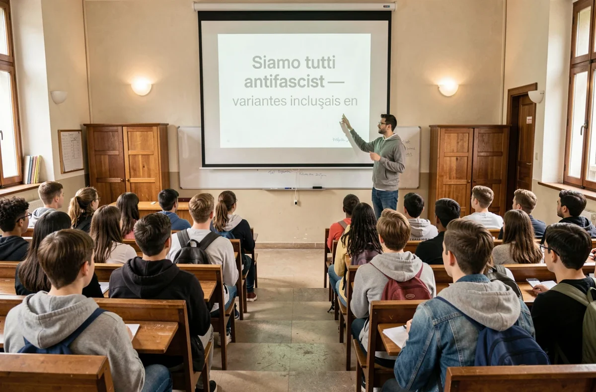 Salle de cours universitaire avec projection du slogan antifasciste en français et en italien