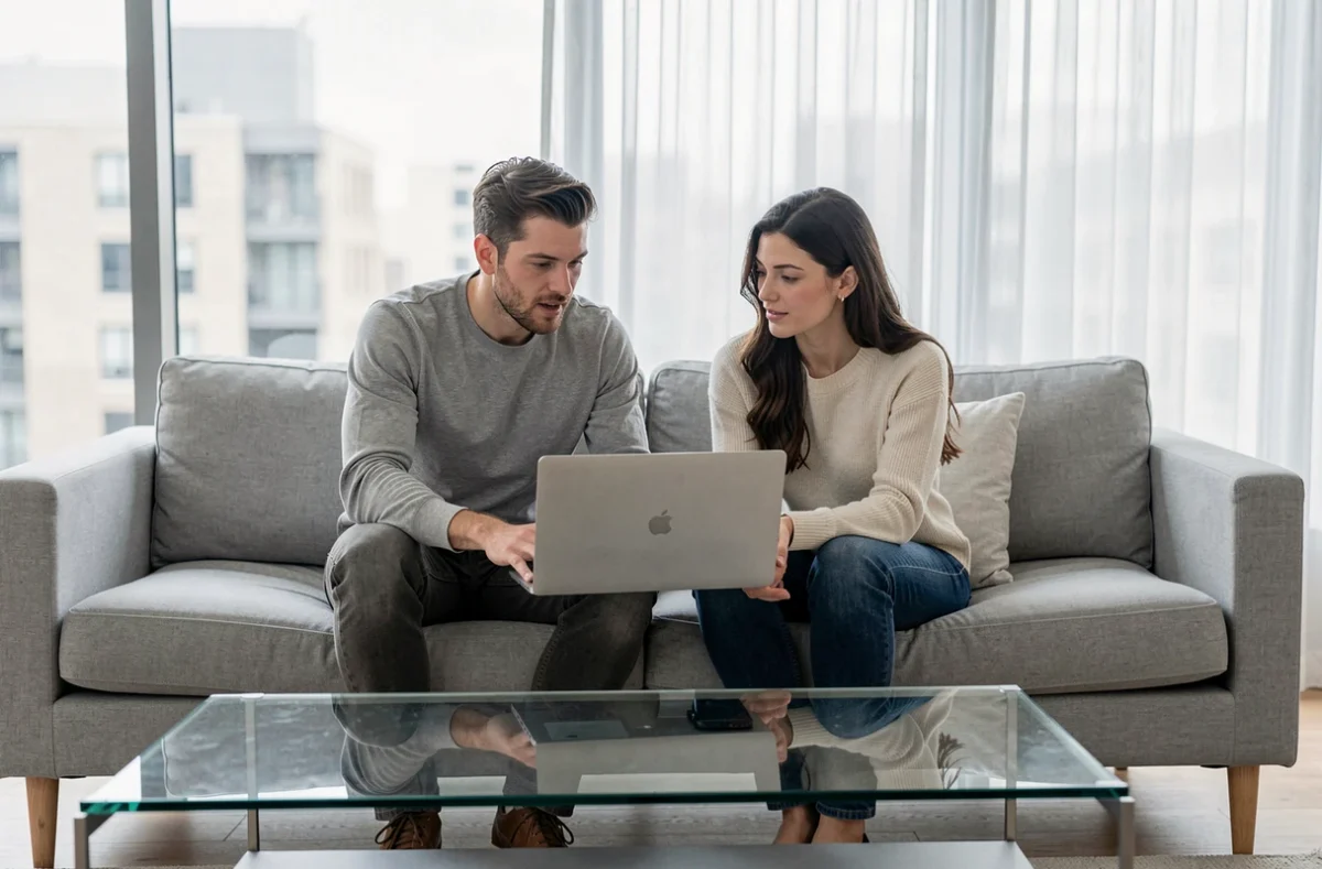 Deux adultes explorant ensemble des alternatives légales pour communiquer anonymement en ligne dans un salon moderne