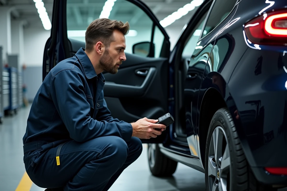 Technicien automobile connectant un scanner OBD-II sous le tableau de bord d'une Renault pour lire le code erreur DTC1525F3