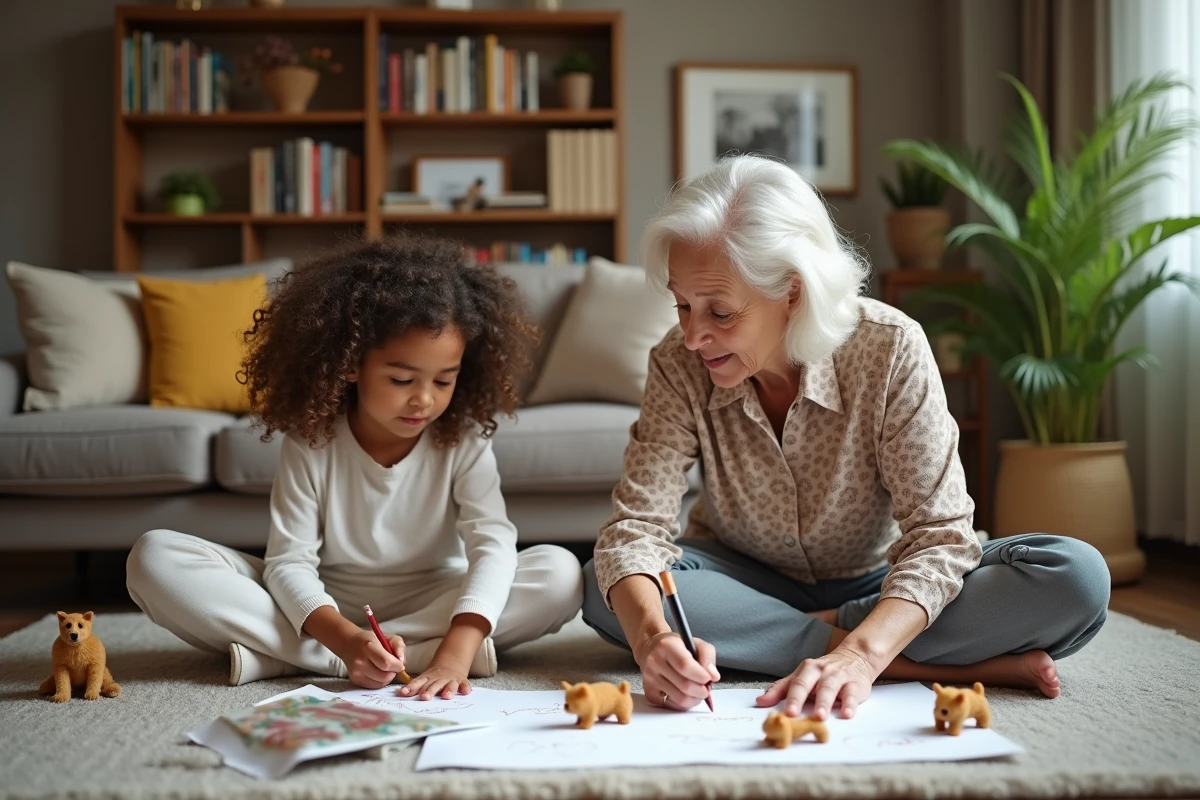 Fille et grand-mère dessinent des animaux dans le salon