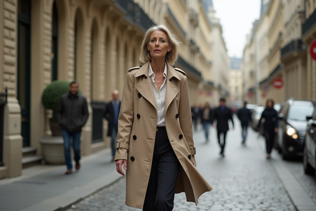 Femme élégante marchant discrètement dans une rue parisienne haussmannienne, illustrant la discrétion médiatique des épouses de grands patrons