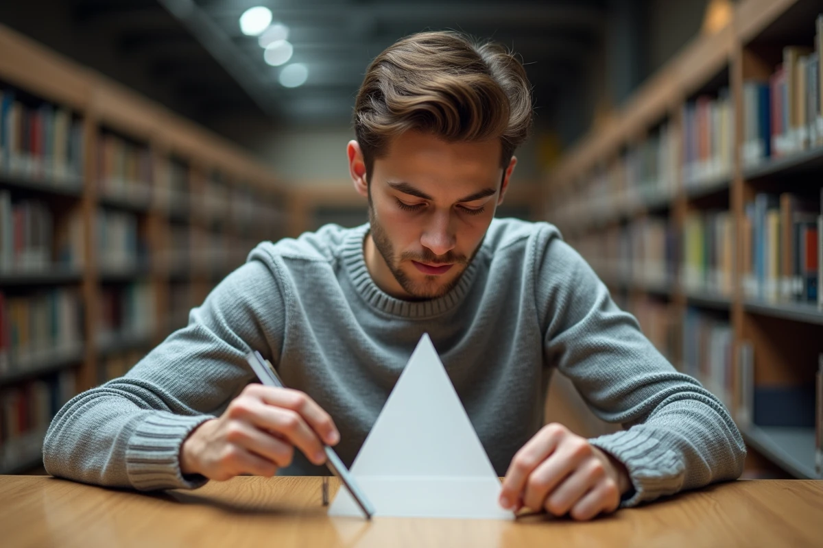 Étudiant mesurant une pyramide à base triangulaire en plastique avec une règle dans une bibliothèque universitaire