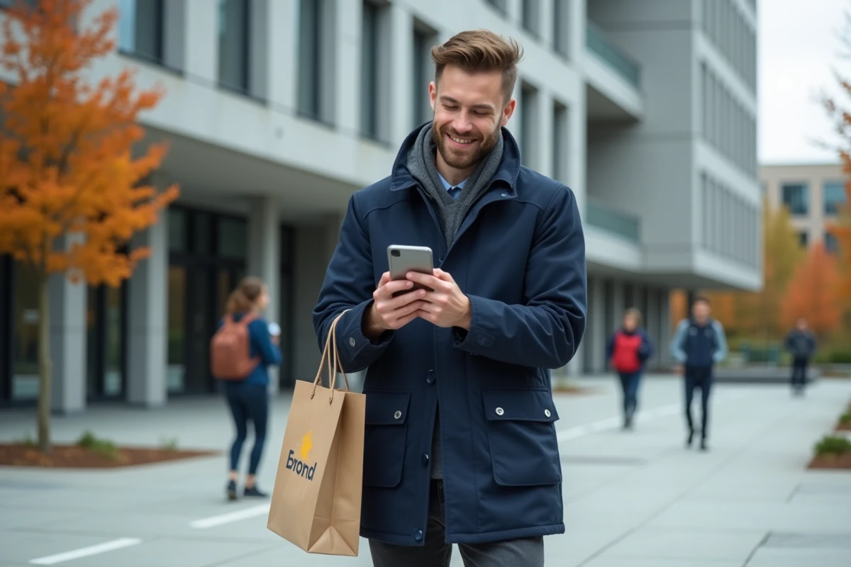 Étudiant présentant une offre de réduction Student Beans sur son smartphone devant un campus universitaire