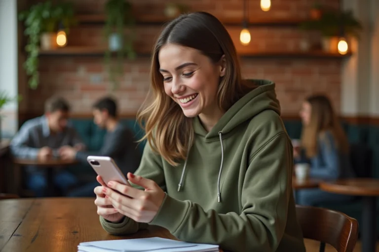 Étudiante découvrant des réductions sur l'application Student Beans dans un café urbain