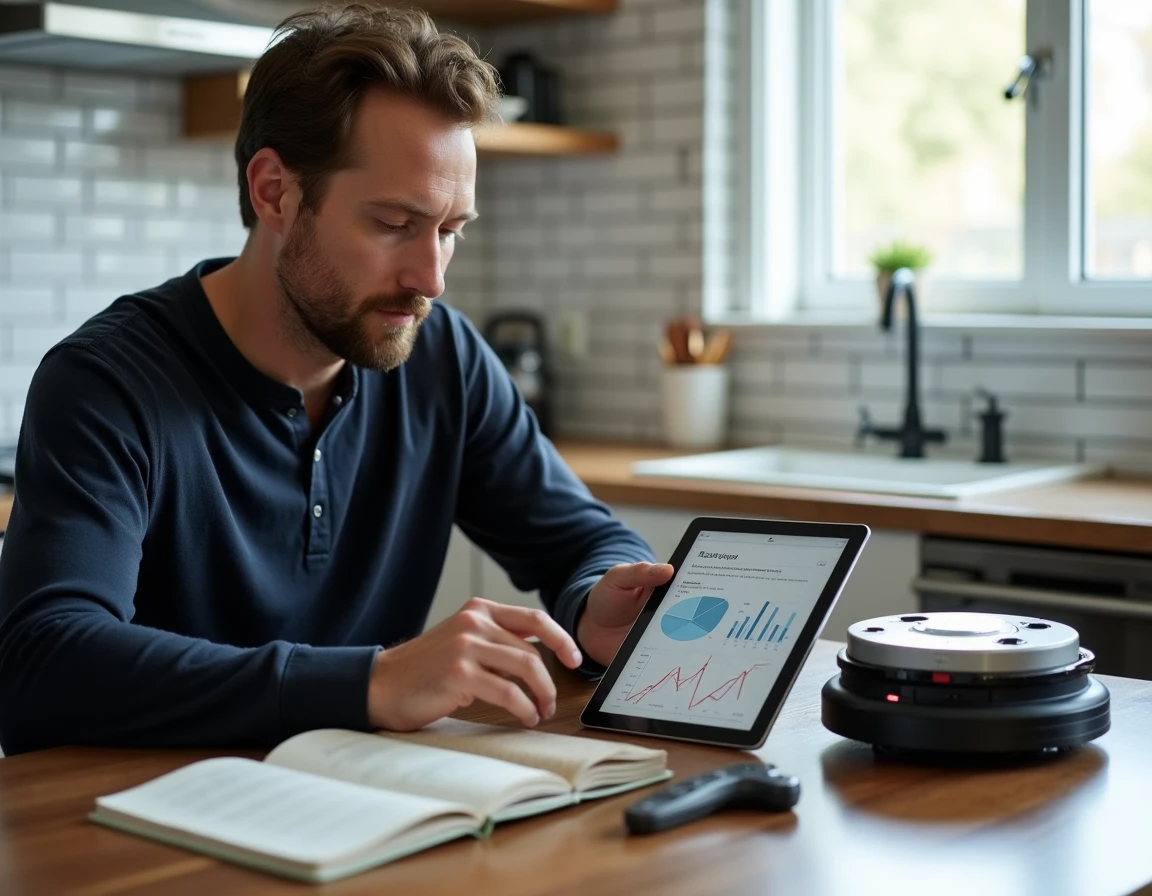 Homme évaluant les performances d'un robot lave-vitres avec des données sur tablette et les composants du robot démontés sur une table