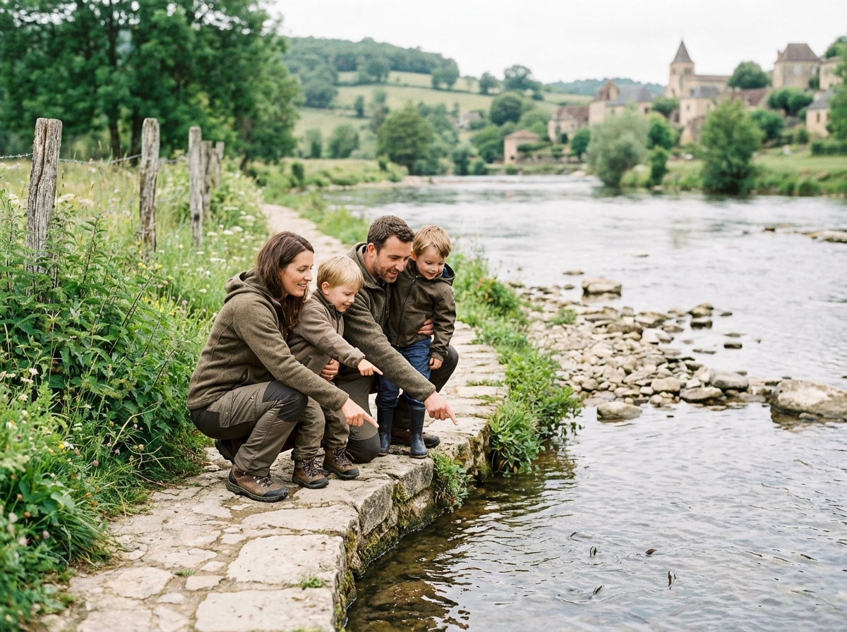 Famille avec enfants observant des poissons dans la rivière