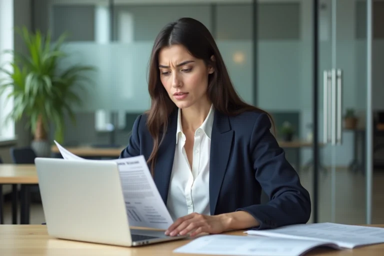 Femme d affaires concentrée avec relevé bancaire au bureau