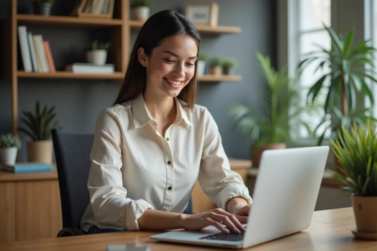 Jeune femme au bureau moderne avec sourire naturel