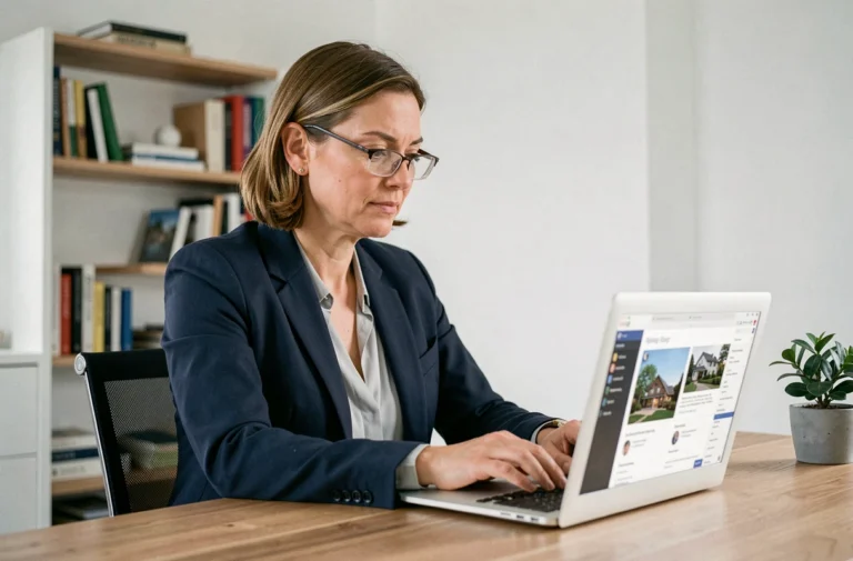 Femme professionnelle consultant des annonces immobilières en ligne sur son ordinateur portable dans un bureau moderne