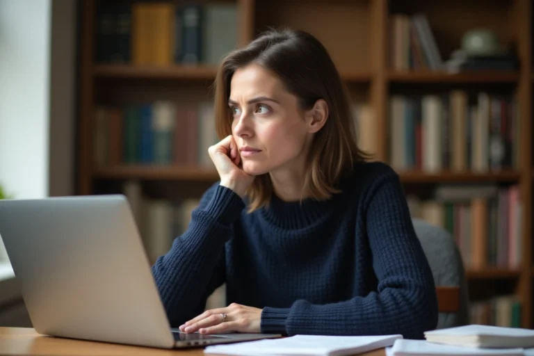 Femme concentrée déchiffrant des mots inconnus sur un ordinateur portable dans un bureau à domicile entouré de dictionnaires