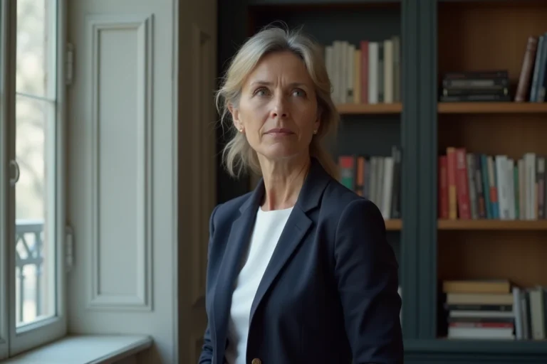 Femme élégante et discrète debout près d'une fenêtre dans un appartement parisien moderne, symbolisant la vie privée des conjoints de dirigeants