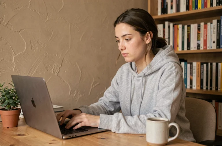 Jeune femme utilisant un ordinateur portable pour discuter anonymement en ligne depuis son bureau à domicile
