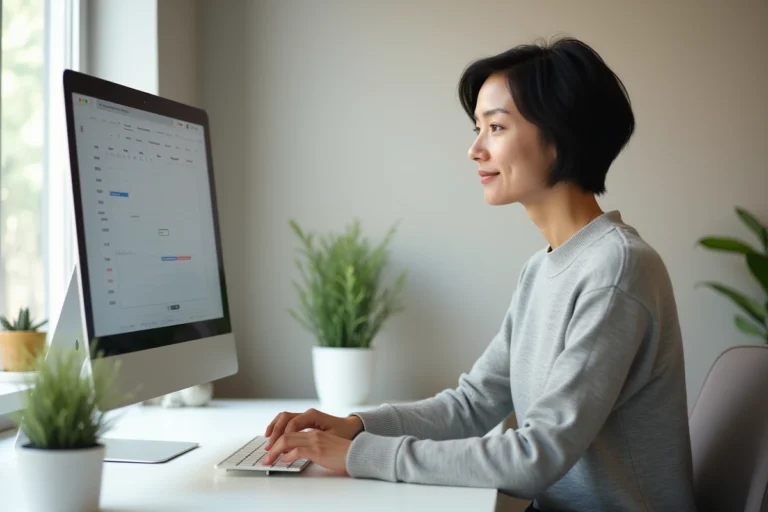 Femme consultant Google Agenda sur un ordinateur de bureau avec les numéros de semaine affichés