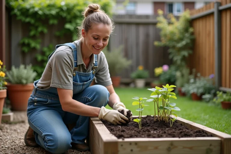 Femme jardinière transplantant des plants dans un potager surélevé en bois au printemps