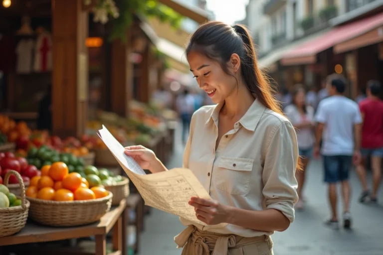 Jeune femme dans un marché animé avec carte à la main