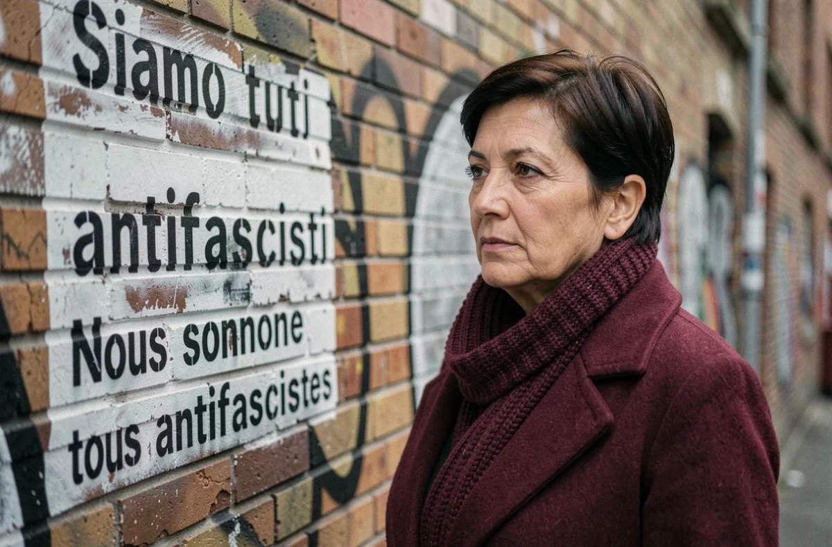 Femme devant un mur de graffiti avec le slogan antifasciste en italien et en français