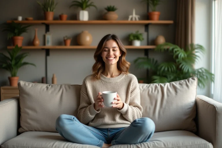 Femme souriante tenant une tasse dans un salon apaisant