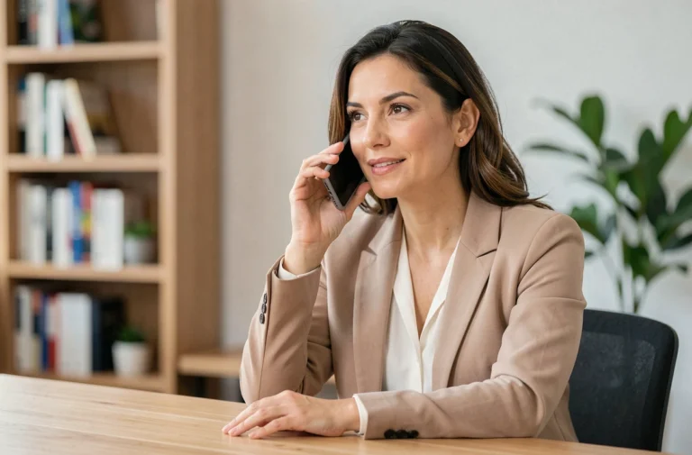 Femme professionnelle au téléphone dans un bureau moderne pour contacter Centre Du Logos
