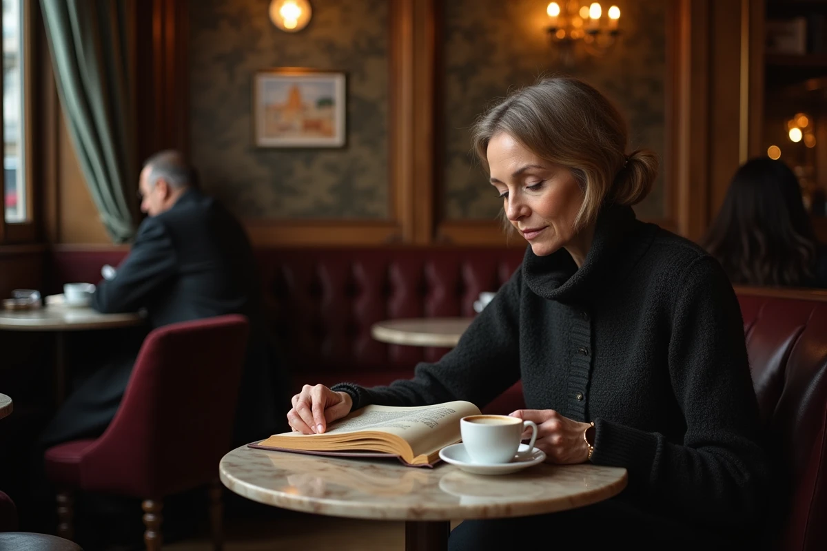 Femme sophistiquée lisant seule dans une brasserie parisienne traditionnelle, évoquant la discrétion et la vie privée des conjoints de personnalités publiques