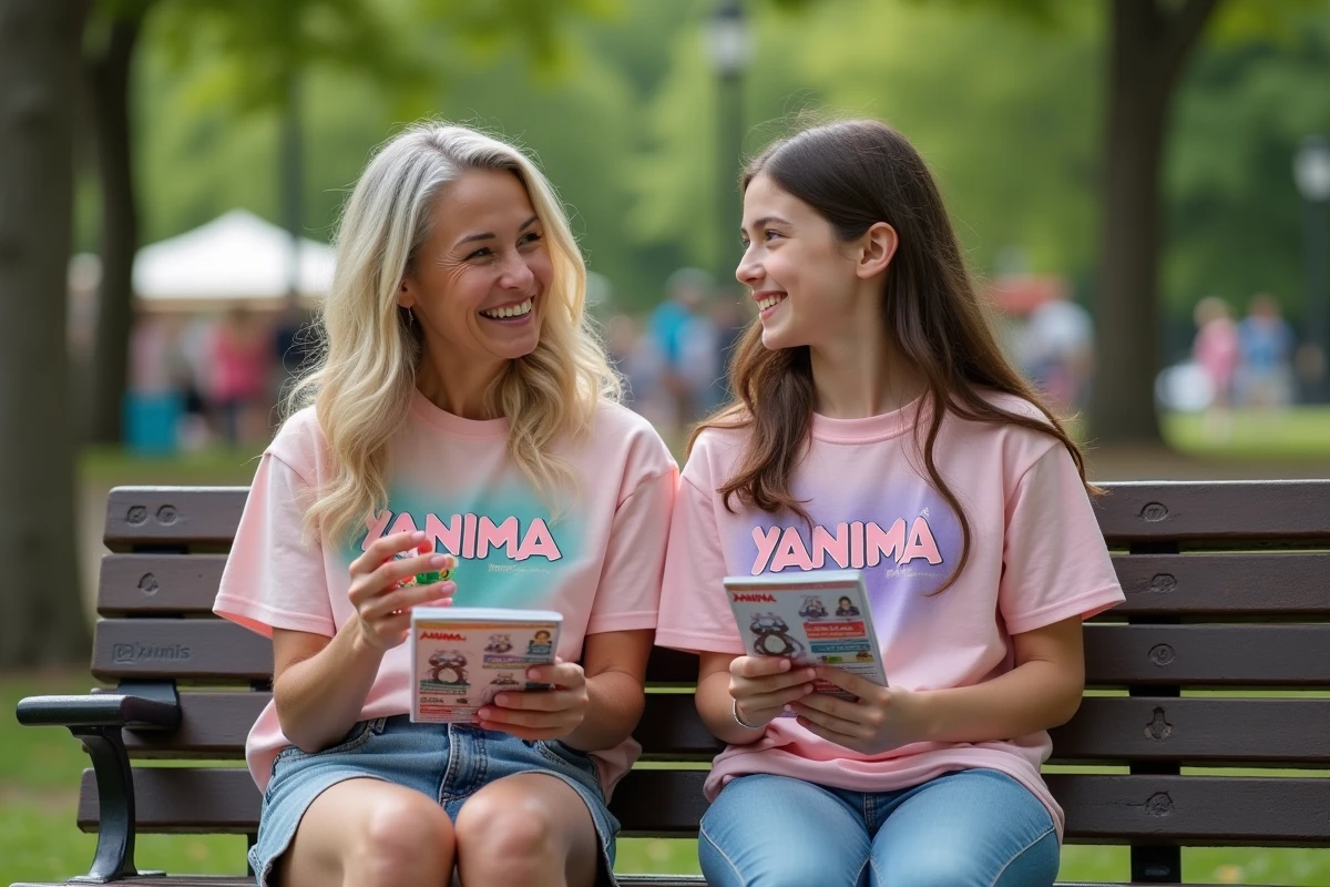 Fille et mère en T-shirts X Anima discutant dans un parc en plein air