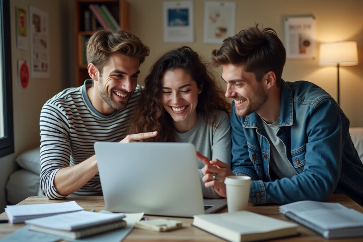 Groupe d'étudiants utilisant une plateforme de réductions étudiantes sur ordinateur portable en résidence universitaire