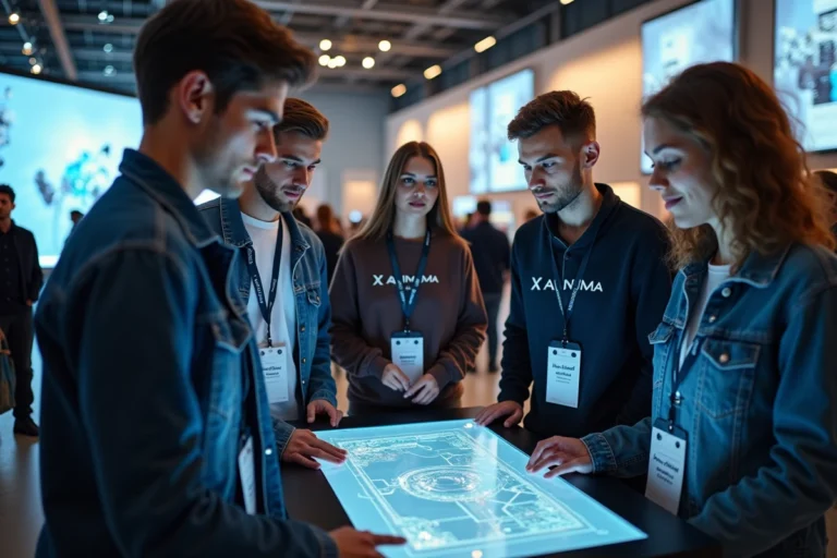 Jeunes adultes autour d'un écran interactif lors d'une expo technologique