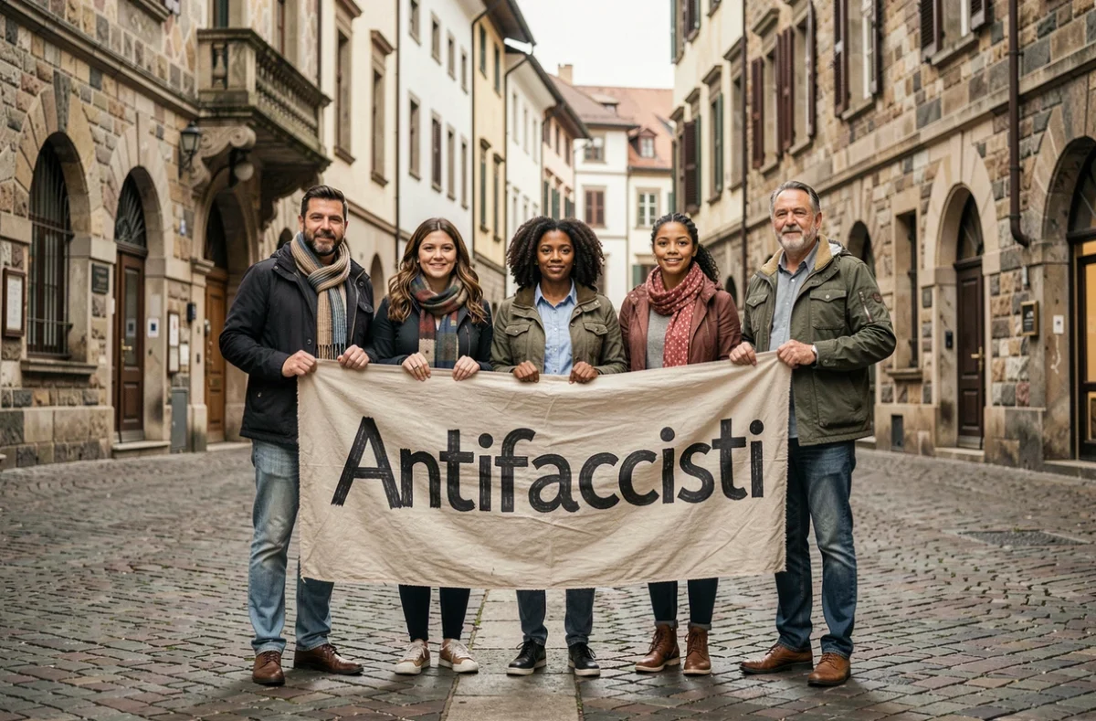 Groupe diversifié de militants tenant une banderole antifasciste sur une place européenne pavée