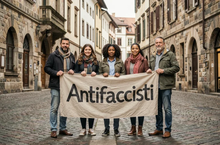 Groupe diversifié de militants tenant une banderole antifasciste sur une place européenne pavée