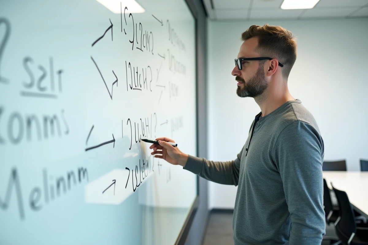 Homme analysant des séquences de lettres cryptiques inscrites sur un tableau blanc dans une salle de réunion minimaliste