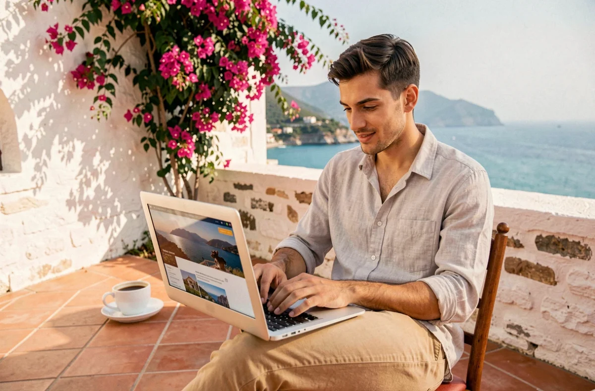 Homme consultant des offres de voyage sur un ordinateur portable dans un café en bord de mer méditerranéen