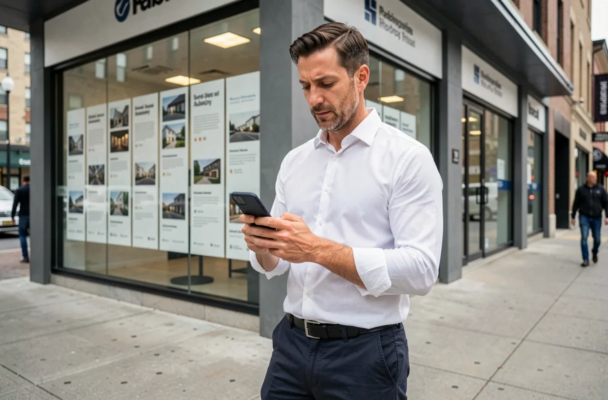 Homme évaluant une agence immobilière physique en ligne via son smartphone devant une vitrine urbaine