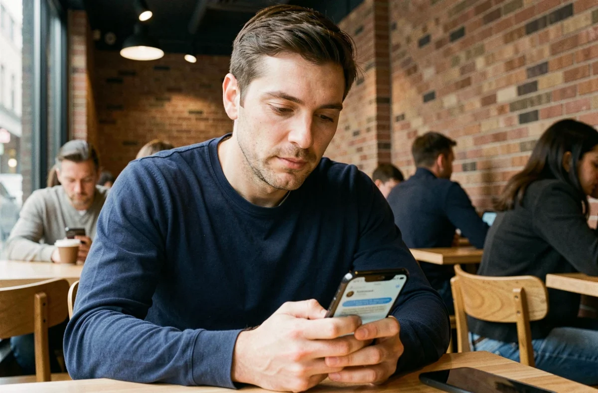 Homme consultant une application de messagerie anonyme sur son smartphone dans un café urbain